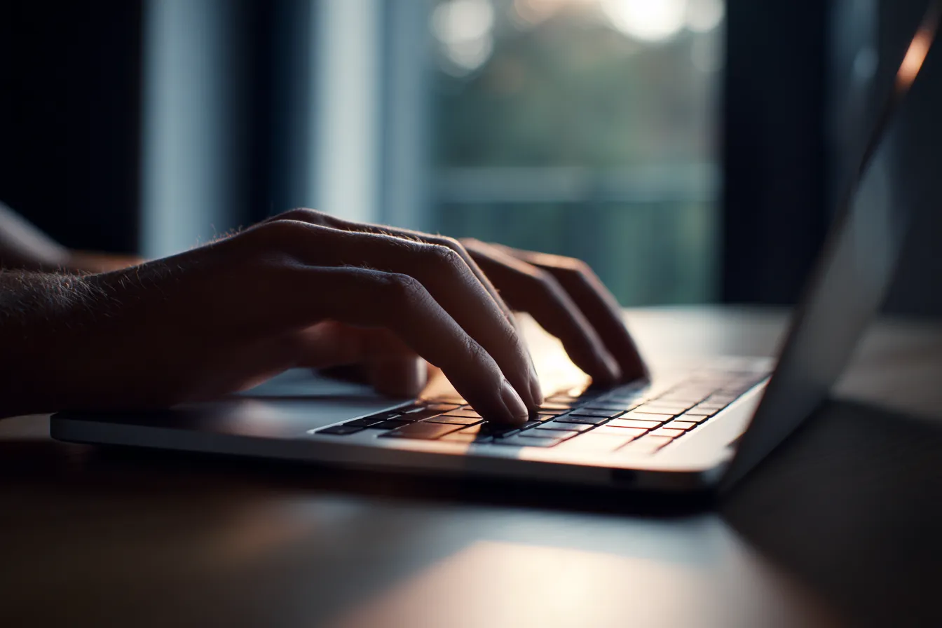 Hands typing at a laptop in soft daylight, reviewing details on screen.