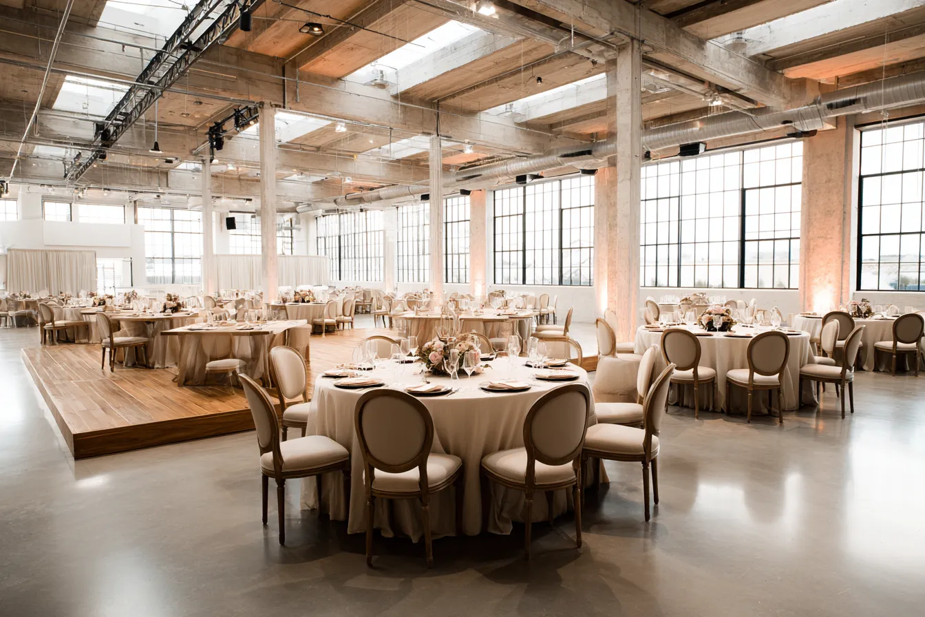 A corporate event floor set with round tables and chairs in a bright warehouse venue, ready before guests arrive.