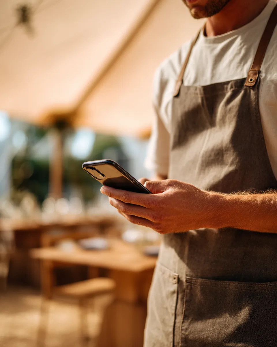 An event planner standing at an outdoor venue in soft warm late-afternoon daylight, phone in hand, looking calm and unhurried.