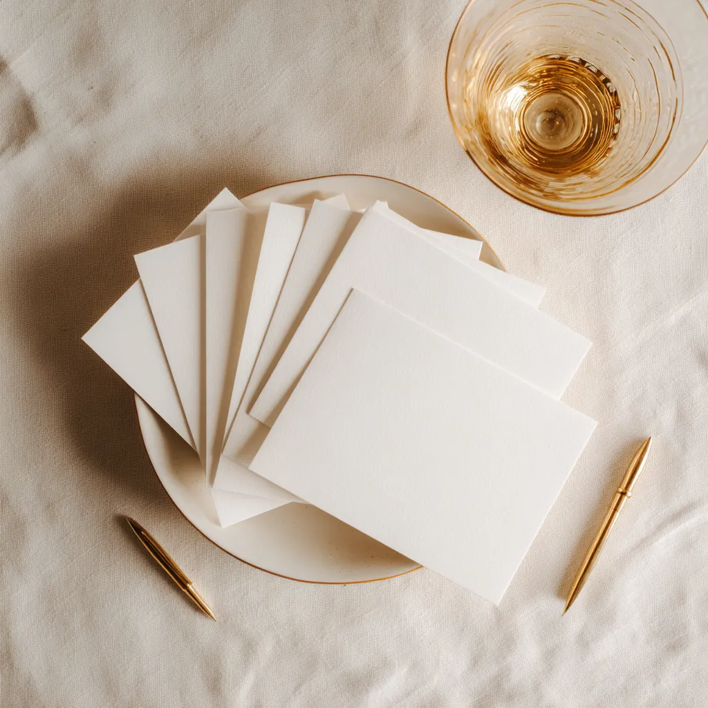 A flatlay of blank place cards fanned on a linen cloth beside a gold pen.