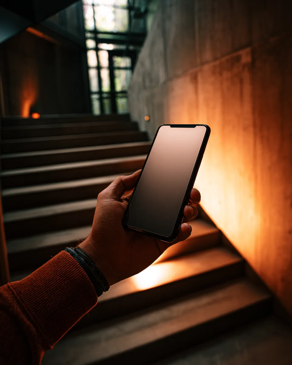 A planner holding a phone one-handed on a venue stairway in warm low light, checking the run-of-show.