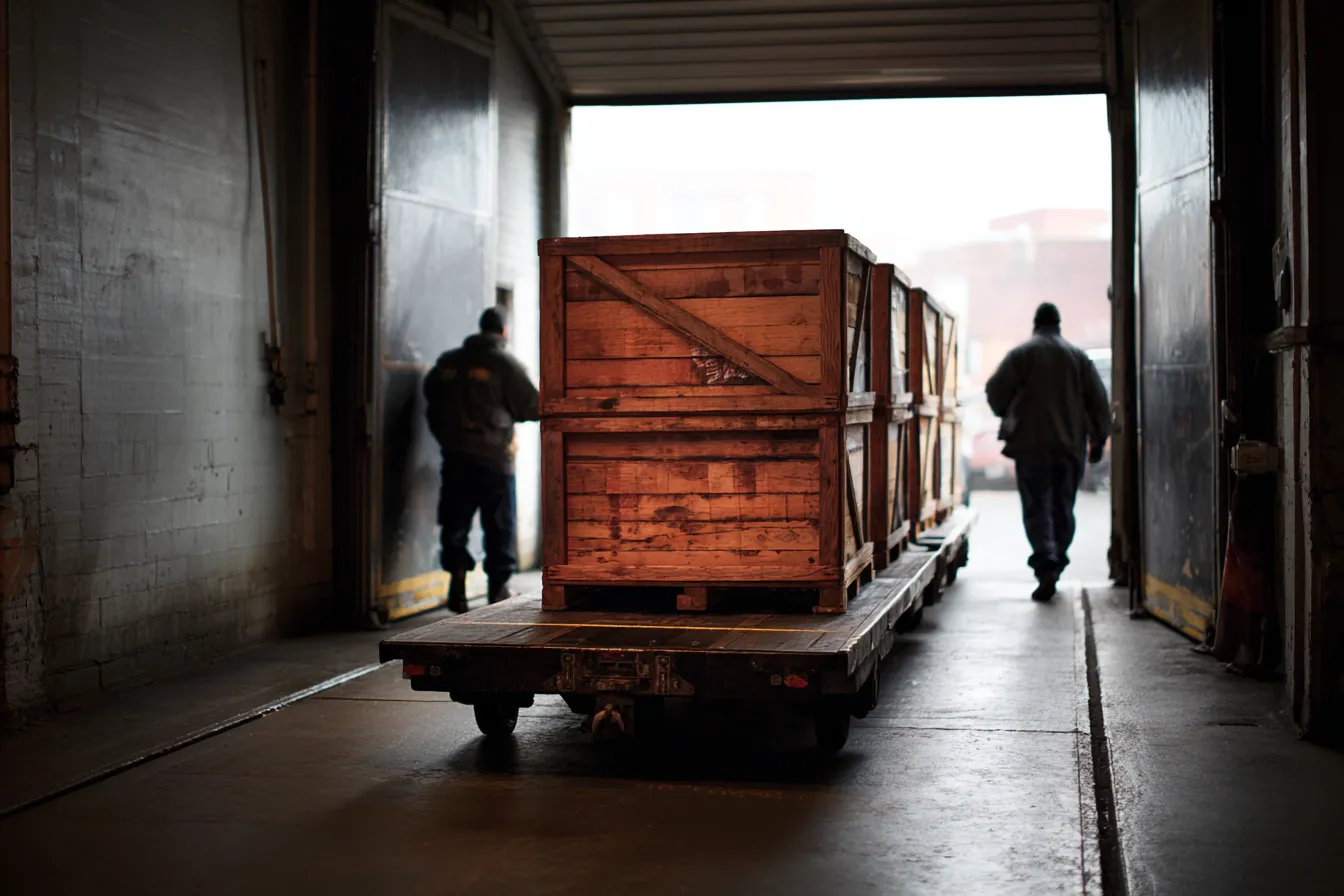 Crew moving a loaded trolley through a venue loading dock at bump-in, warm daylight beyond the roller door.